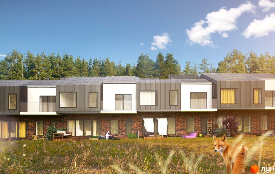 Котеджне містечко Рясне-Руське: фасади будинків з великими вікнами та цегляною кладкою. Прибудинкова територія з травою та деревами, на передньому плані лисиця.