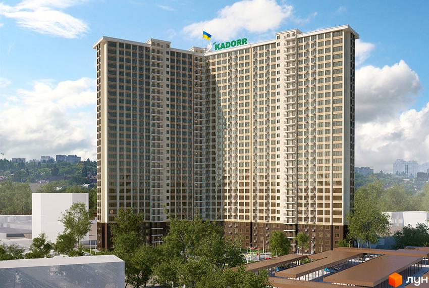 Зображення багатоповерхового будинку в Житловому комплексі Тридцять четверта перлина. На території є зелені насадження та облаштований паркінг.