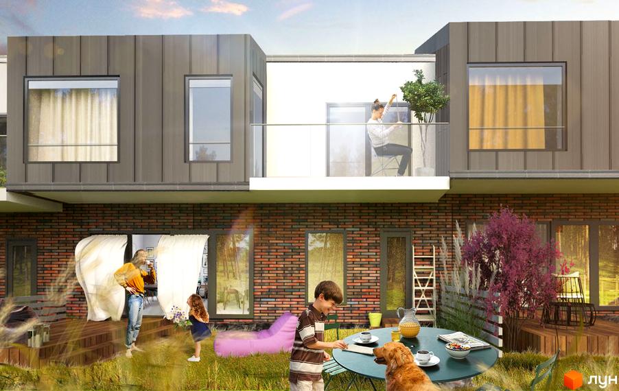 Котеджне містечко Рясне-Руське: двоповерховий будинок з цегляним фасадом та металевим оздобленням верхнього поверху. На прибудинковій території розташовані тераса, зелені насадження та зона відпочинку.