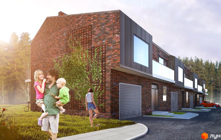 Котеджне містечко Рясне-Руське: цегляні будинки з сучасними фасадами та великими вікнами. Прибудинкова територія з зеленню та дитячим майданчиком.