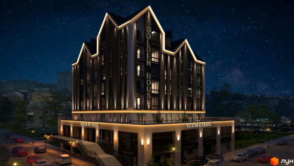 Житловий комплекс Golden House з підсвіченим фасадом та вивіскою. Навколо будівлі розташовані автомобілі та дерева, на фоні зоряне небо.