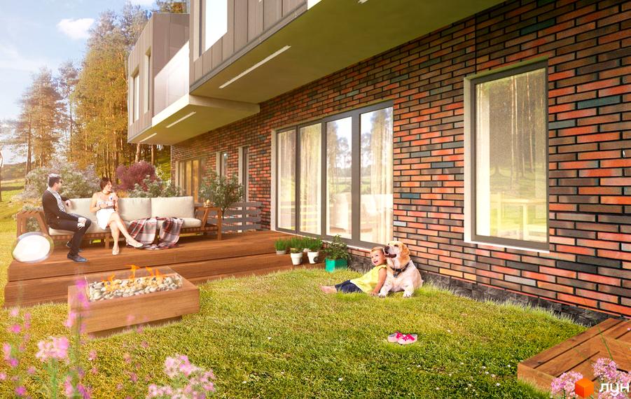 Котеджне містечко Рясне-Руське: двоповерховий будинок з цегляною облицовкою та дерев'яною терасою. На прибудинковій території розташований дитячий майданчик та зона відпочинку з каміном.