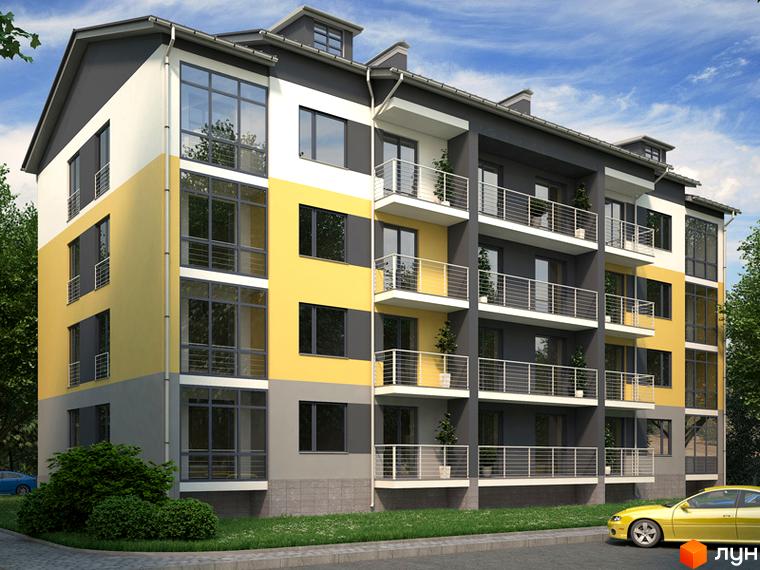 Житловий комплекс Барвінок - фасади будівель з жовтими та сірими елементами, балконами та великими вікнами. Навколо зелена зона з деревами та кущами, біля будинку припаркований жовтий автомобіль.
