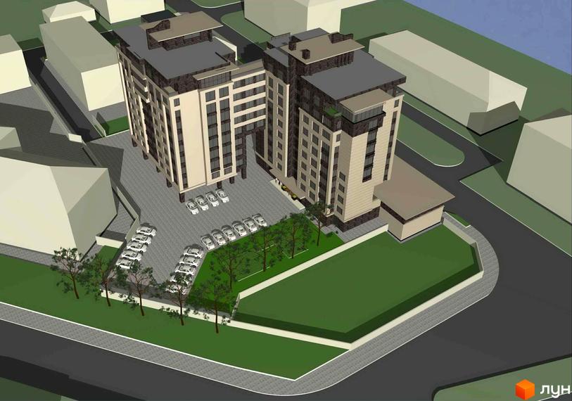 Житловий комплекс Потьомкінський. Зовнішній вигляд будівель з паркуванням та зеленими зонами.