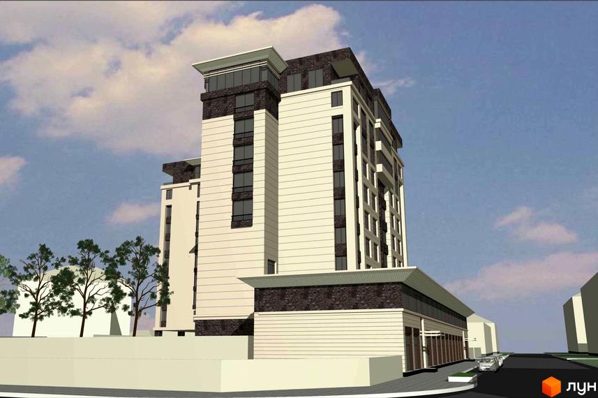 Житловий комплекс Потьомкінський - це багатоповерхова новобудова з білими фасадами та темними акцентами. Навколо будівлі розташовані дерева та облаштована прибудинкова територія.