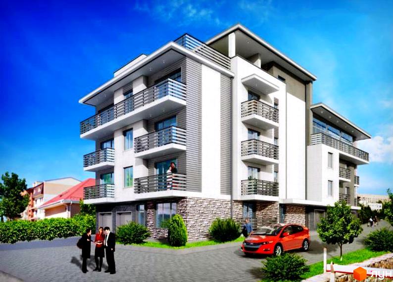 Сучасний житловий комплекс на вул. Миколи Амосова, 3. Фасад будівлі оздоблений каменем та має багато балконів. На прибудинковій території є зелені насадження та червоний автомобіль.