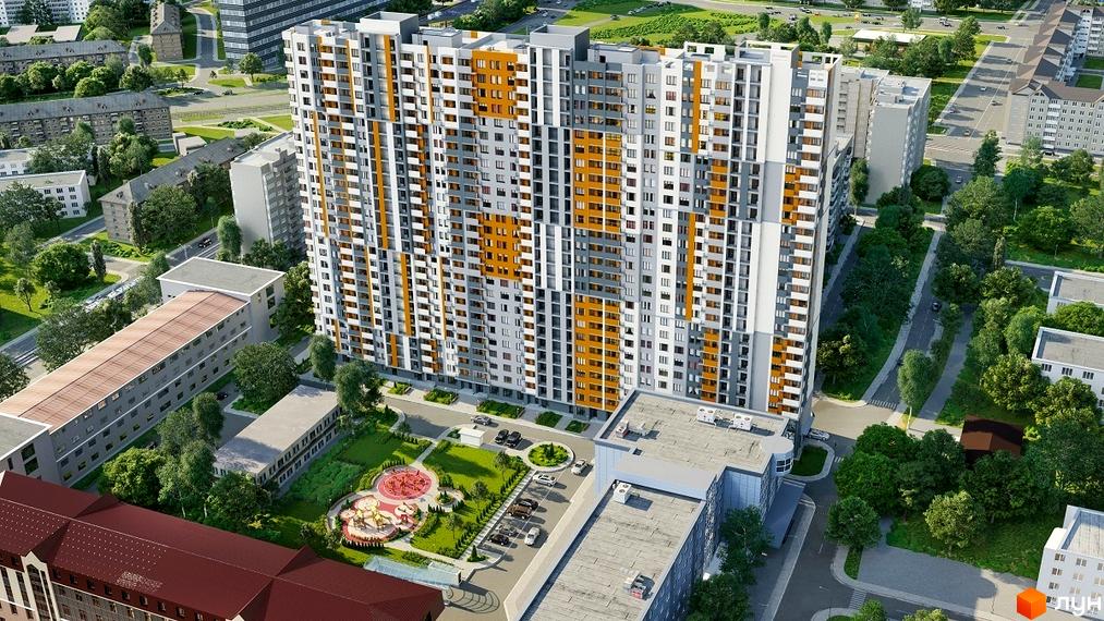 Житловий комплекс Дніпровська Мрія з багатоповерховими будинками та прибудинковою територією з дитячим майданчиком та парковкою.