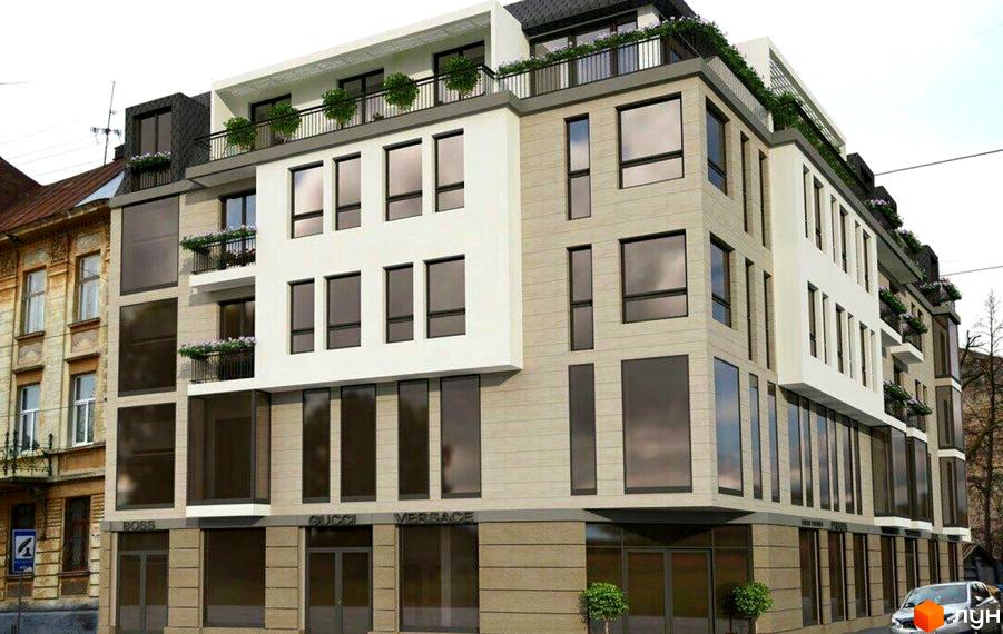 Фасад новобудови на вул. Личаківська, 70, з великими вікнами та балконами. Будинок має сучасний дизайн з білими та пісочними елементами.