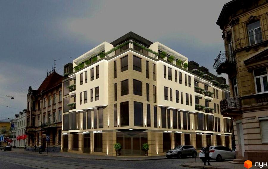 Будівельний проєкт на вул. Личаківська, 70. Фасад будівлі оздоблений світлою плиткою та великими вікнами, з балконами та зеленими насадженнями на верхніх поверхах.