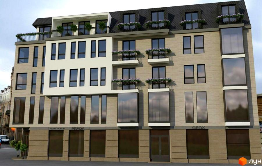 Фасад новобудови на вул. Личаківська, 70, з великою кількістю вікон та балконів. Будинок має кілька поверхів та комерційні приміщення на першому поверсі.