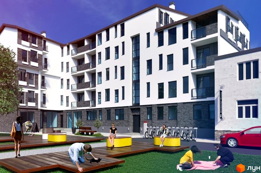 Зовнішній вигляд новобудови на вул. Богдана Хмельницького, 109, з прибудинковою територією, зонами відпочинку та людьми. Комплекс має біло-сірий фасад та балкони.