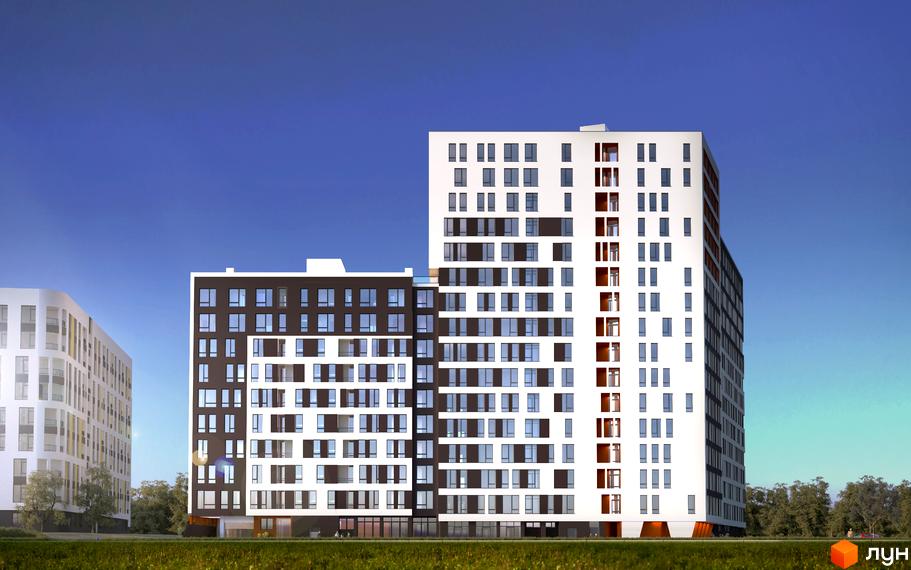 Житловий комплекс Яскравий Львів з біло-коричневим фасадом та численними вікнами. На передньому плані зелений газон, на задньому - дерева та синє небо.