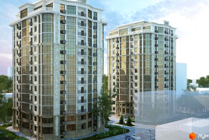 Житловий комплекс Двадцять четверта Перлина - це сучасна новобудова з великими вікнами та балконами, що виходить на доглянуту прибудинкову територію з деревами та парковкою.