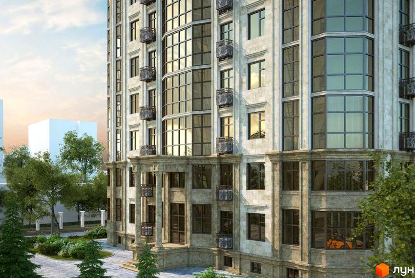 Фасад житлового комплексу Двадцять четверта Перлина з великими вікнами та балконами. Прибудинкова територія з деревами та доріжками.