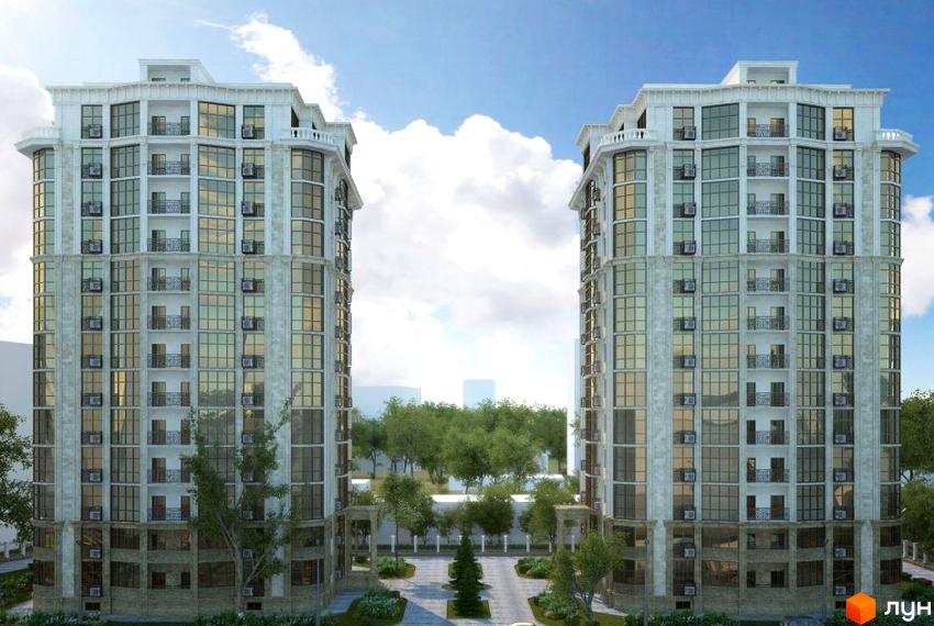 Житловий комплекс Двадцять п'ята Перлина. Фасад будинку з великою кількістю скління та кондиціонерів. Перед будинком розташований доглянутий двір з деревами та доріжками.