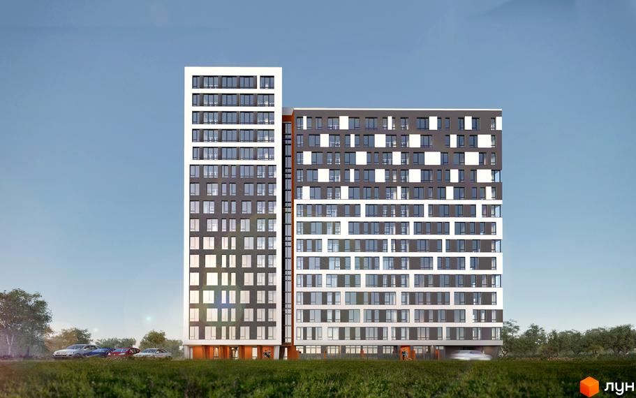 Фасад багатоповерхового житлового комплексу Яскравий Львів з білими та темно-сірими секціями, численними вікнами. Навколо зелена трава, дерева та припарковані автомобілі.