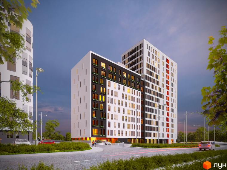 Житловий комплекс Яскравий Львів з білими та чорними фасадами, деякими вікнами з підсвічуванням. Навколо будівель розташовані дороги, зелені насадження та ліхтарі.