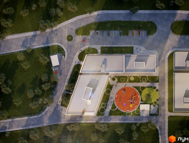 Аерофотознімок Житлового комплексу Яскравий Львів з багатоповерховими будинками та облаштованою прибудинковою територією з дитячим майданчиком та зеленими зонами.