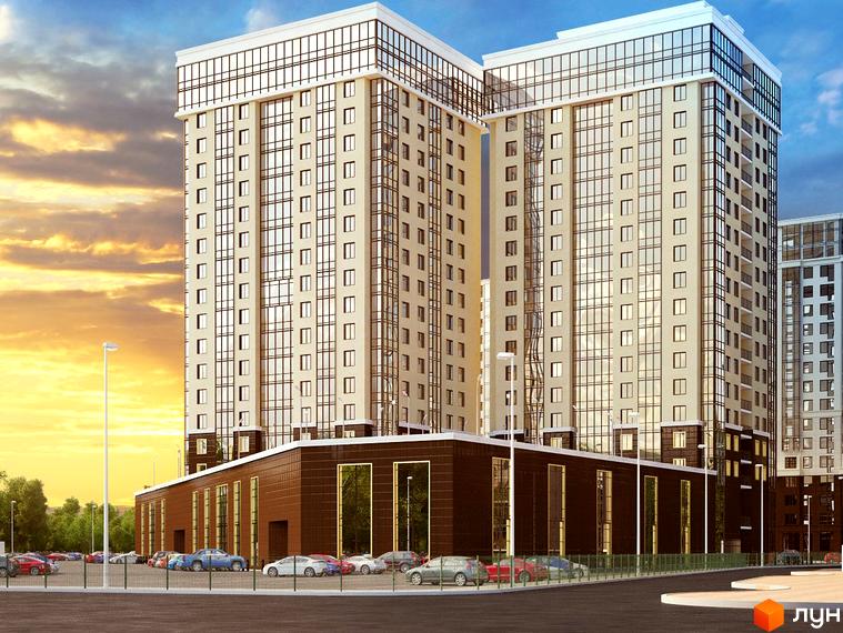 Житловий комплекс Сорок перша перлина. Високі будинки з панорамними вікнами, розташовані над низькою будівлею. На прибудинковій території парковка для автомобілів.