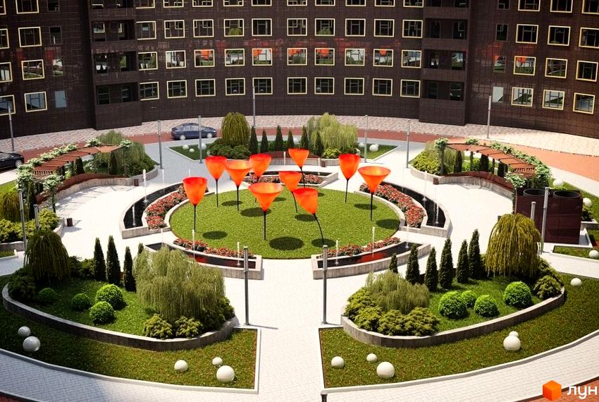 Житловий комплекс Сорок третя перлина з оригінальним ландшафтним дизайном та квітковими скульптурами. Сучасний житловий комплекс з озелененою територією та зонами відпочинку.