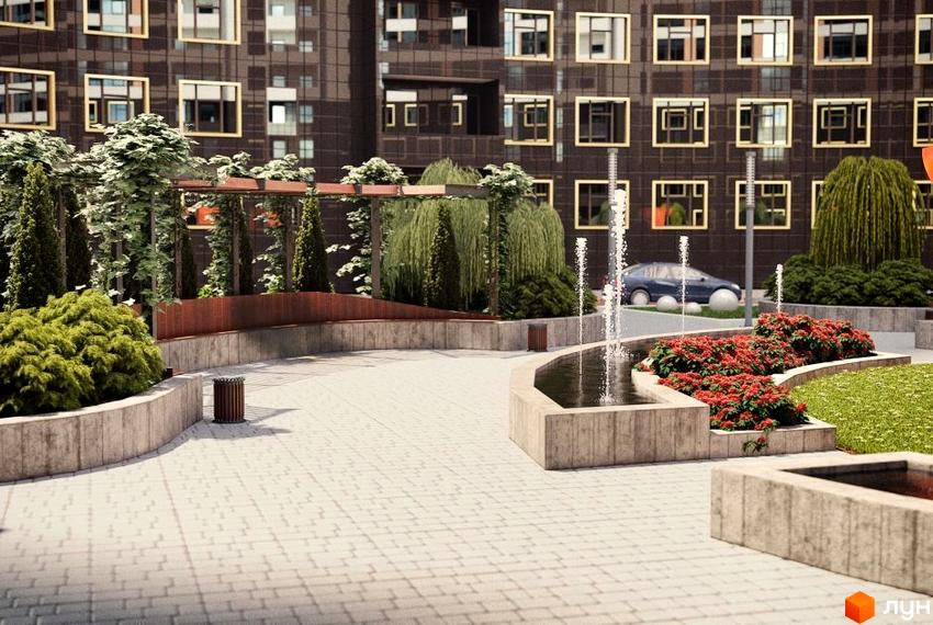 Житловий комплекс Сорок третя перлина з сучасним фасадом та доглянутою прибудинковою територією з фонтанами та зеленими насадженнями.