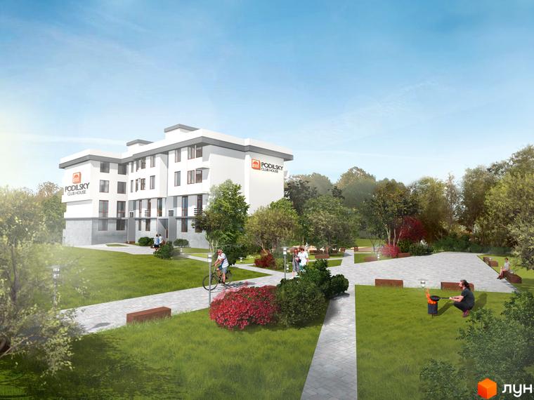 Клубний будинок Podilsky - це 4-поверхова будівля з білим фасадом та сірими елементами. На прибудинковій території розміщені зелені зони, доріжки та місця для відпочинку.