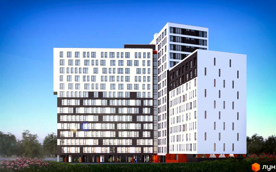 Житловий комплекс Яскравий Львів з білими та темно-сірими фасадами, численними вікнами. Навколо комплексу зелені газони та квітучі насадження.