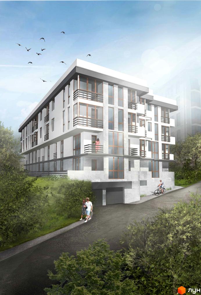 Клубний будинок Podilsky з білими фасадами, великими вікнами та балконами. Навколо будинку зелені насадження та доріжка для прогулянок.