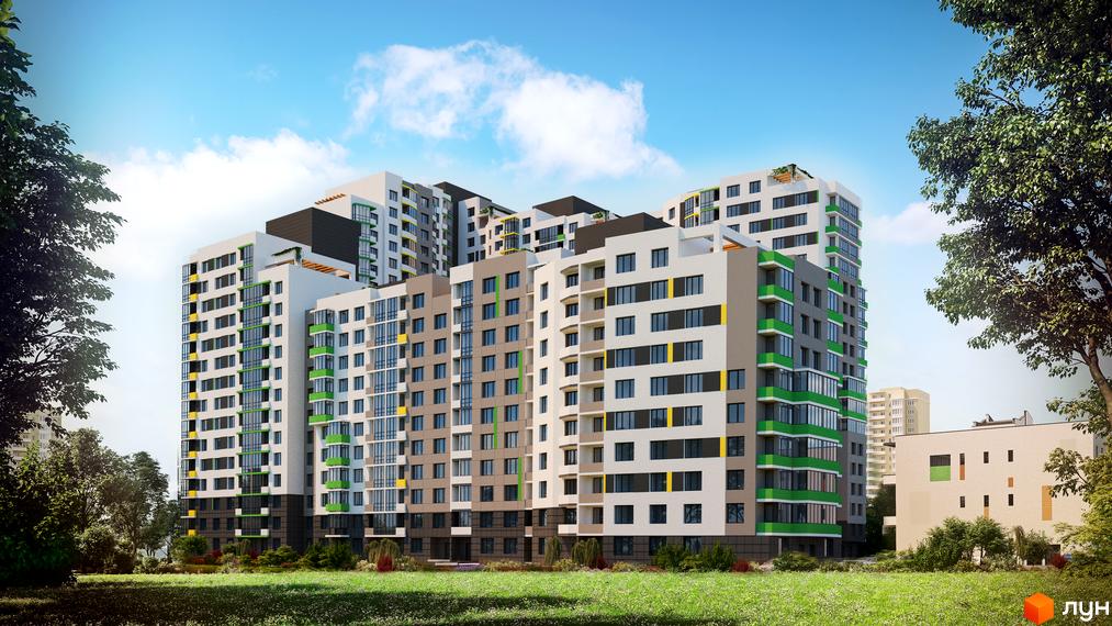 Житловий комплекс Харківський - це багатоповерхові будинки з яскравими фасадами та балконами. Навколо комплексу зелена галявина та дерева.