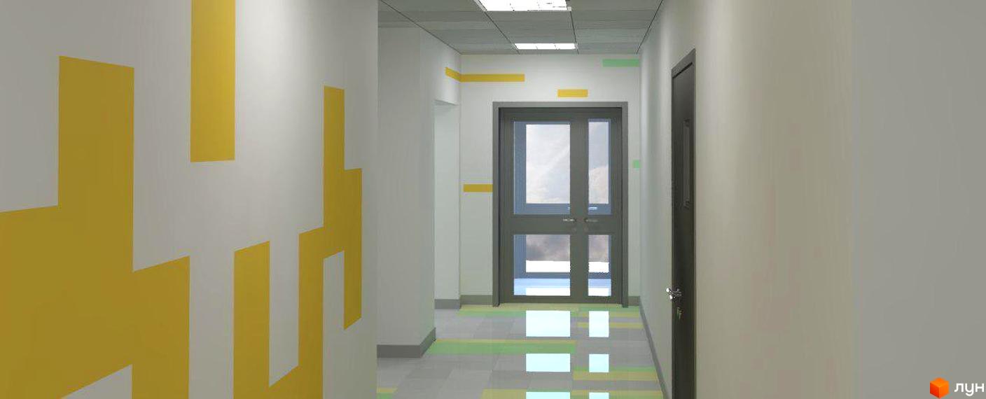 Дизайн коридору новобудови ЖК Харківський з жовтими та сірими елементами на стінах та підлозі. Сучасний вхід до квартири з двостулковими дверима.