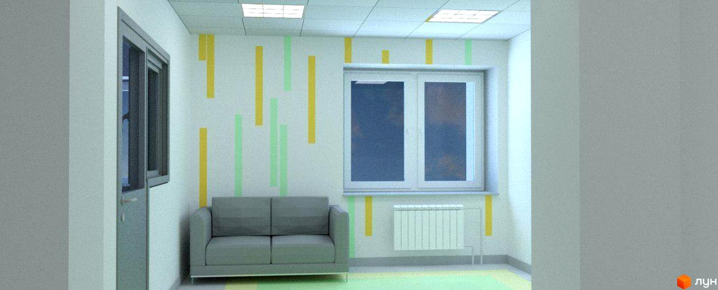 Інтер'єр кімнати з диваном та вікном у ЖК Харківський. Опис візуалізації житлового комплексу з елементами декору на стінах.