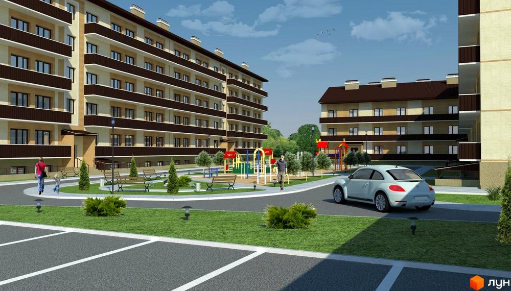 Житловий комплекс Ластівчине гніздо: багатоповерхові будинки з балконами та дитячим майданчиком. Прибудинкова територія з ландшафтним дизайном та місцями для паркування.