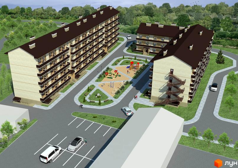 Житловий комплекс Ластівчине гніздо: багатоповерхові будинки з коричневими дахами та балконами, дитячий майданчик та парковка.