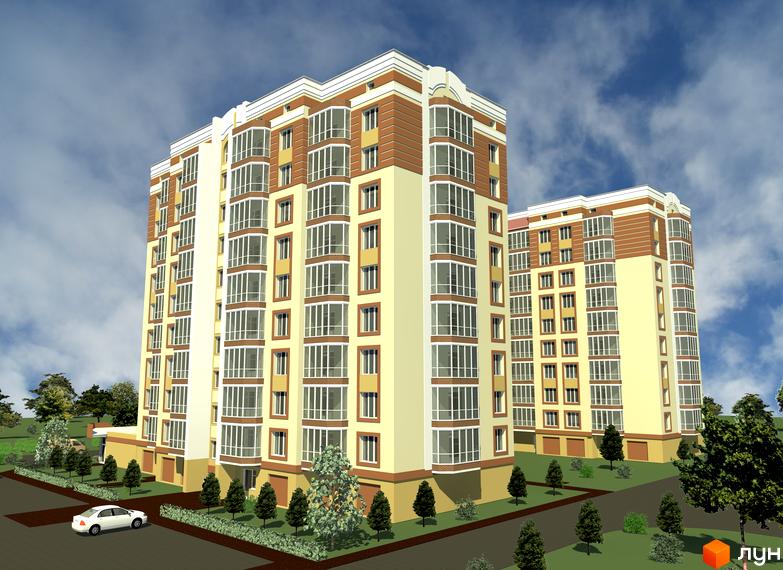 Житловий комплекс Прованс: дві багатоповерхівки зі світло-жовтими фасадами та численними вікнами. Навколо – зелена територія з деревами.