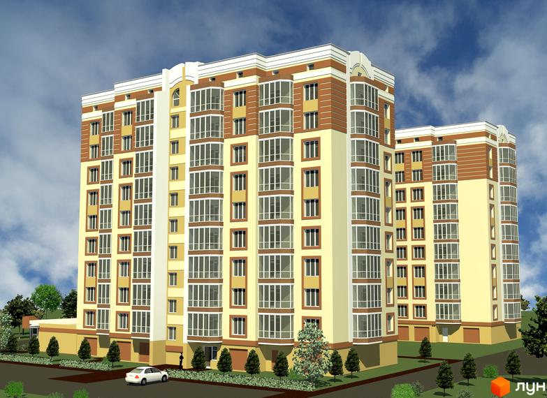 Новобудова ЖК Прованс з жовто-коричневим фасадом та великою кількістю скління. Навколо будинку зелені насадження та доглянута прибудинкова територія.