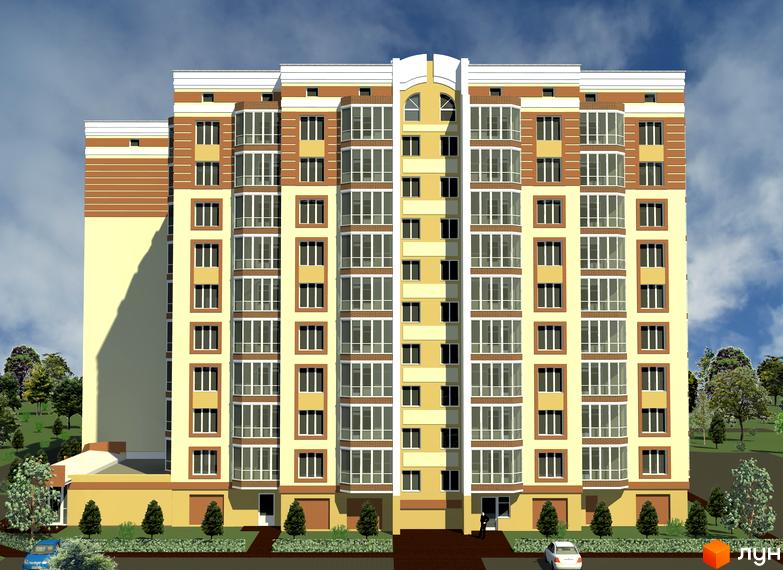 Фасад житлового комплексу Прованс з численними вікнами та балконами. Навколо комплексу зелені насадження та дерева.