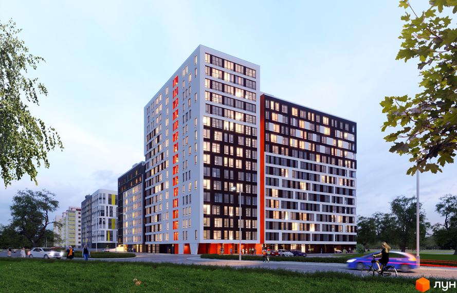 Житловий комплекс Яскравий Львів: багатоповерхові будинки з білими, темними та помаранчевими фасадами. Навколо зелені газони, дорога та дерева.