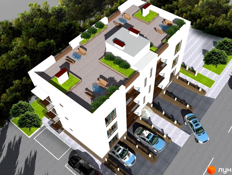 Новобудова на вул. Блока, 20. Зовнішній вигляд білої будівлі з терасами та зеленими зонами. Прибудинкова територія з парковкою та деревами.