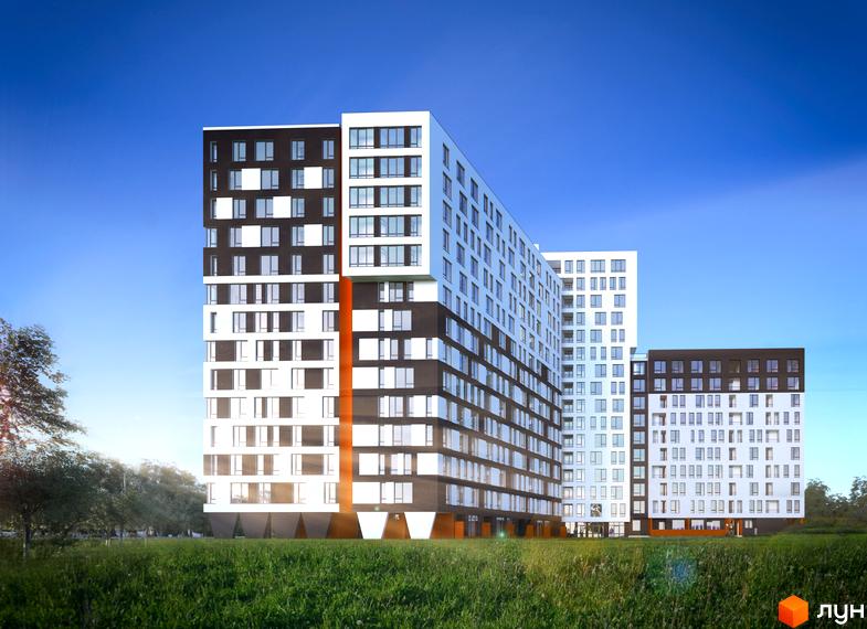 Багатоповерхові будинки Житлового комплексу Яскравий Львів з білими, темними фасадами та помаранчевою смугою. Перед ними розташований зелений газон та дерева.