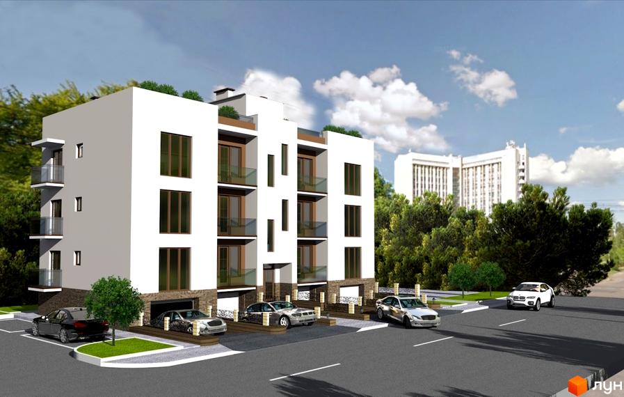 Новобудова на вул. Блока, 20. Сучасний житловий комплекс з балконами та паркінгом. Навколо будинку зелена зона та прибудинкова територія з автомобілями.