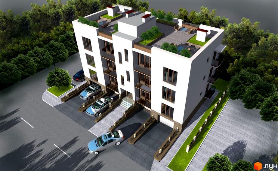 Зовнішній вигляд триповерхового житлового комплексу з терасами на даху та парковкою. На прибудинковій території розташовані дерева та зелені насадження.