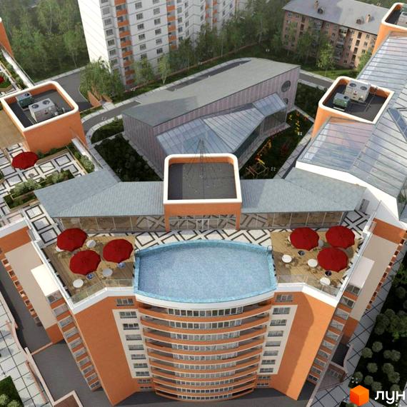 Житловий комплекс Комфорт: багатоповерховий будинок з помаранчевими фасадами, басейном та терасами на даху. Територія включає зелені зони та майданчик.