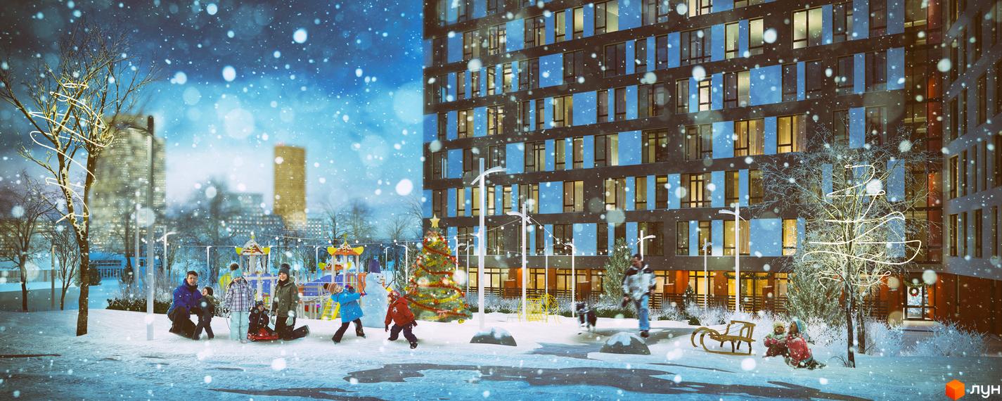 Житловий комплекс Яскравий Львів з темно-сірим фасадом та синіми панелями на вікнах. Зимовий двір з дітьми, ялинкою та сніговиком.