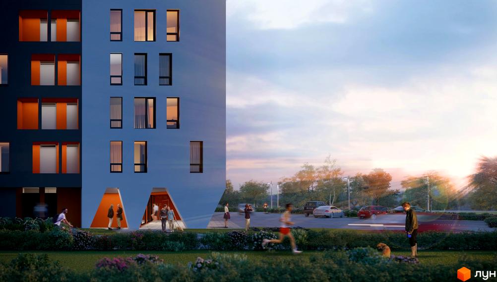 Фасад житлового комплексу Яскравий Львів з темно-сірими та світло-блакитними секціями і помаранчевими входами. Прибудинкова територія з зеленню, людьми та парковкою.