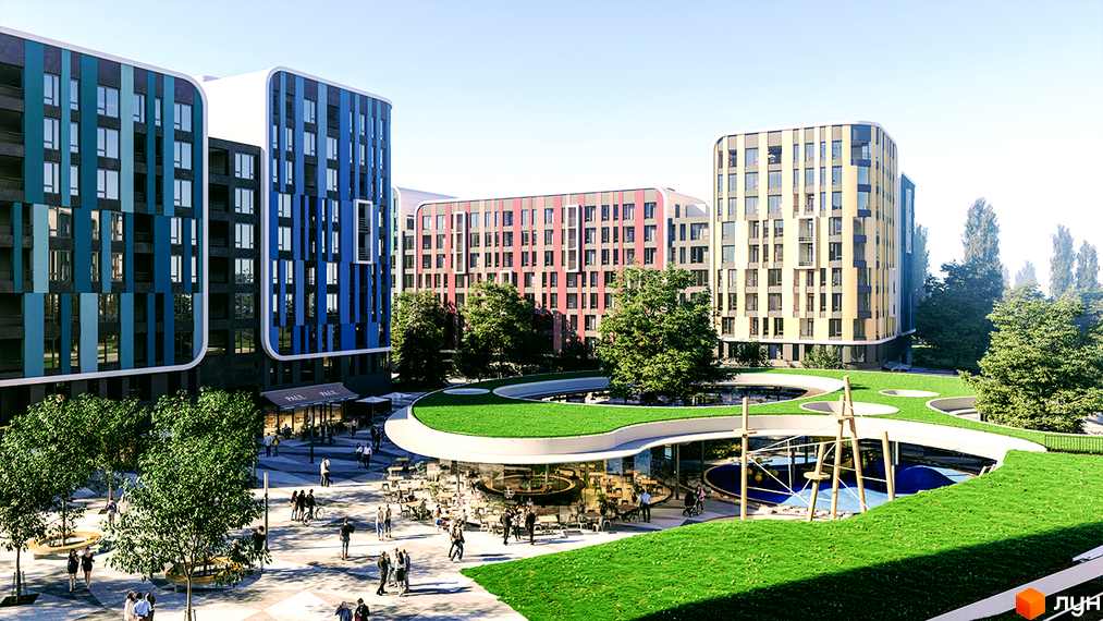 Житловий комплекс Respublika з багатоповерховими будинками, що мають кольорові фасади, та прибудинковою територією із зеленими зонами, кафе та дитячими майданчиками.