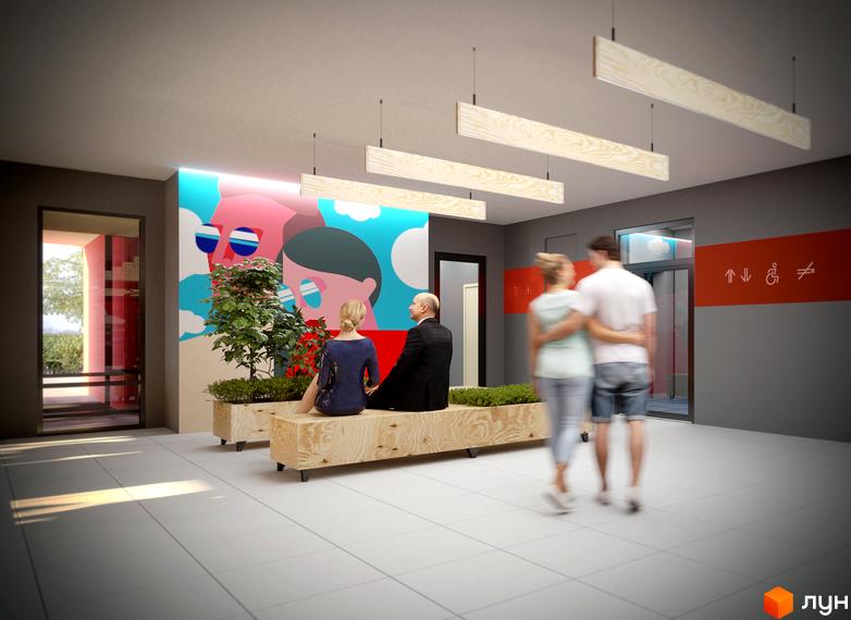 Житловий комплекс Яскравий Львів: просторий хол з яскравим муралом, дерев'яними лавами та рослинами. Зручна зона очікування для мешканців.