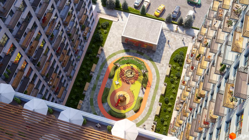 Житловий комплекс Twin House з балконами та дитячим майданчиком. Зовнішній вигляд будинку та прибудинкова територія.