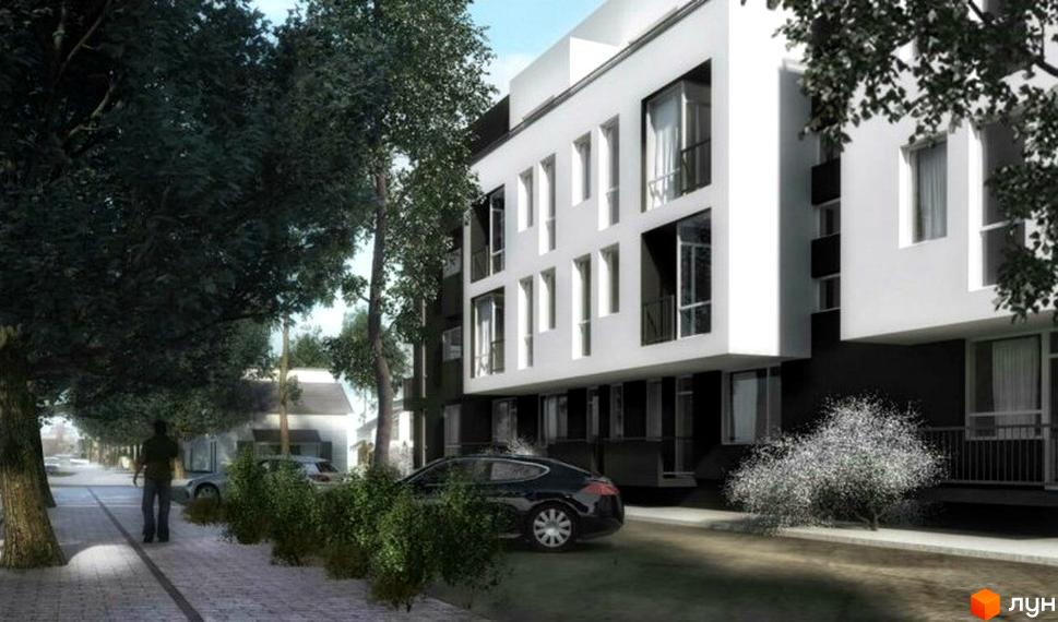 Житловий комплекс Сальвадор Далі має біло-чорний фасад з великими вікнами та балконами. Навколо будинку є зелені насадження, дерева та пішохідна доріжка.