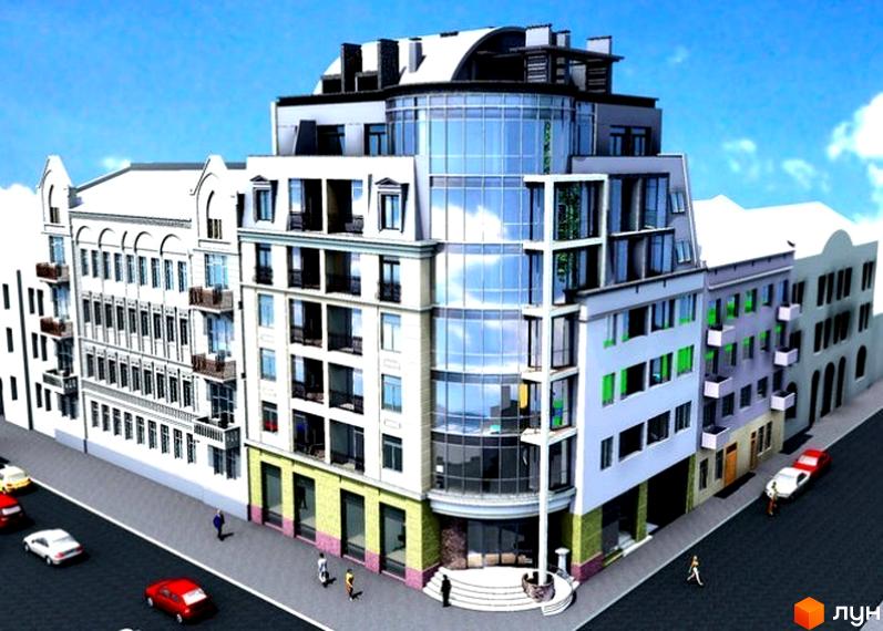 Житловий комплекс Панорама Хол: багатоповерховий будинок з кутовим скляним фасадом та світлими стінами. Поруч міська вулиця з автомобілями та людьми.