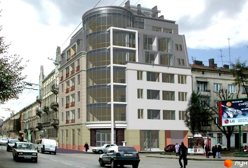 Житловий комплекс Панорама Хол з округлим скляним фасадом та світлими стінами. Будинок розташований біля дороги з автомобілями та старими будівлями.